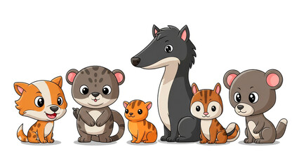 Cute cartoon wild animals standing together on a white background. © Andres Mejia