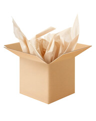 Small cube gift box partially opened revealing tissue paper folds, realistic product mockup style, isolated on white background. 