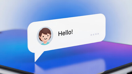 Digital chat bubble with 'Hello!' message and avatar on phone screen. © Andres Mejia