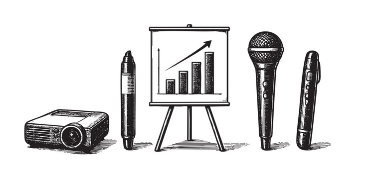 A retro ink sketch displays a collection of business presentation tools including a projector, pens, a microphone, and a flip chart with a rising bar graph.