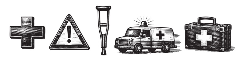 Obraz premium A vintage illustration featuring a cross, warning sign, crutches, ambulance, and first aid kit in a graphic style, ideal for healthcare and emergency themes.