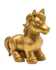 Small golden horse statue, isolated object on white background, studio lighting isolated on white background 
