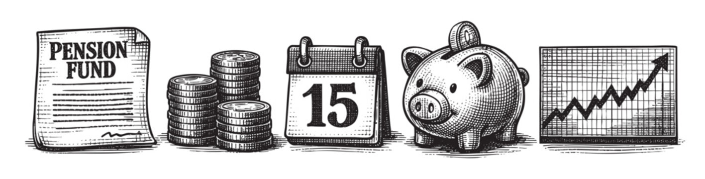 A hand-drawn sketch illustrates a pension fund document, stacked coins, a calendar showing the 15th, a piggy bank, and an upward trending graph, representing financial planning and savings growth.
