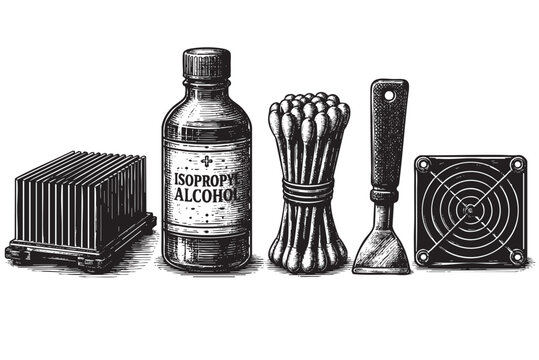 A collection of computer cleaning supplies including a heat sink, bottle of isopropyl alcohol, swabs, and a fan, rendered in a vintage woodcut style against a white background.