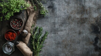 Fresh Herbs and Spices with Rustic Background Ideal for Cooking and Culinary Themed Projects Featuring Pepper, Paprika, and Rosemary