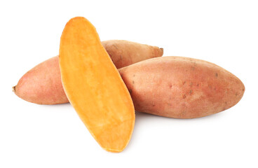 Whole and cut sweet potatoes isolated on white