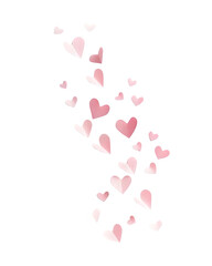 Tiny pink paper hearts floating lightly as if mid-air, subtle motion feel, minimal composition, isolated on white background. 
