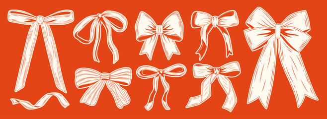 Collection of 9 elegant hand-drawn ribbon bows and decorative ribbons in white on red. Ideal for romantic designs, packaging, holiday decor, Valentine&rsquo;s cards, scrapbooking, or festive collages.
