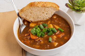 beef stew with diced scallions and bread