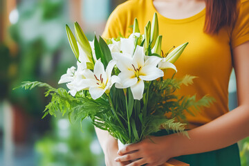 Woman with lily flowers and coffin at funeral