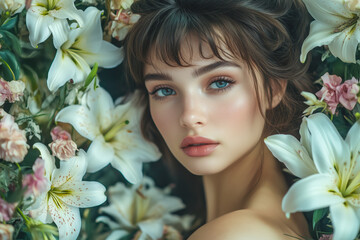 Woman with lily flowers and coffin at funeral