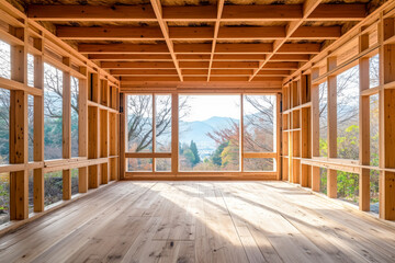 Wooden frame house under construction near mountains.