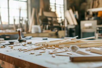 Wooden sticks lie on a workbench in the carpentry workshop