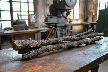 Wooden sticks lie on a workbench in the carpentry workshop