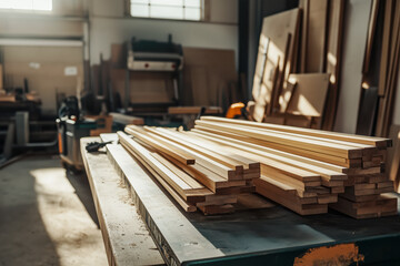 Wooden sticks lie on a workbench in the carpentry workshop