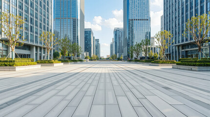 A wide, empty stone plaza stretches toward a modern city skyline of glass skyscrapers under a bright blue sky with soft clouds.