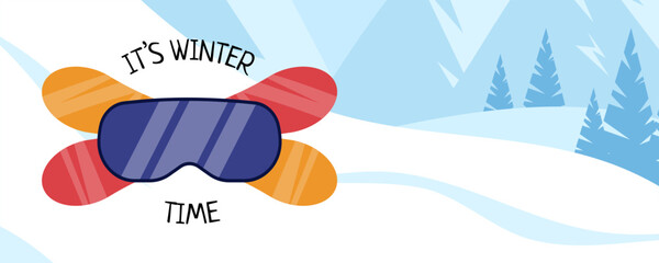 A vibrant winter sports horizontal banner with colorful snowboards and goggles with the text ITs WINTER TIME, set against a snowy mountain backdrop.