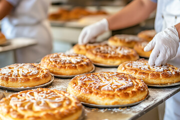 Worker in a large bakery - industrial production of bakery products on an assembly line