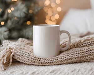 Blank white ceramic coffee mug resting cozy on a chunky knit blanket with soft festive bokeh lights creating a warm holiday morning atmosphere