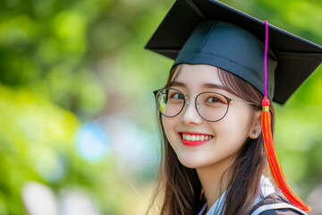 Young happy Asian woman university graduate in graduation gown and cap in the college campus. Education stock photo
