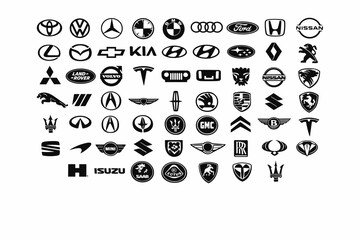 a large number of car brand logos (about 50&ndash;60) arranged in a grid on a white background. All logos are black and white, without colors.