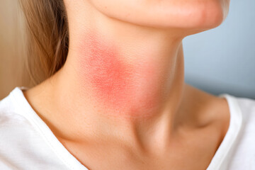 Young woman has skin rash itch on neck