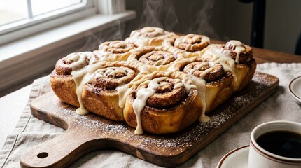 Freshly baked cinnamon rolls with cream cheese icing on a wooden board on a kitchen table
