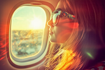Young woman traveling by plane looking out the window