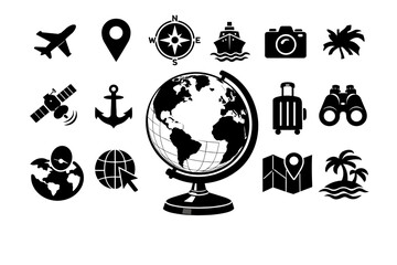 A collection of black-and-white icons united by the theme of travel, tourism, geography, and adventure.