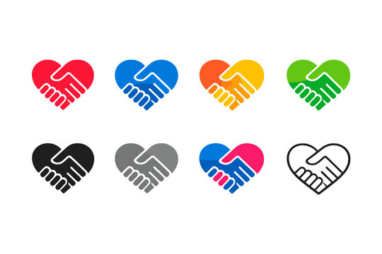 A set of 8 icons combining the symbols of a handshake and a heart. Each icon is stylized to look like two hands shaking each other, forming a heart shape.
