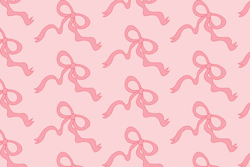 A seamless pattern with hand-drawn pink bows and ribbons on a pink background. Perfect for fabrics, packaging, and wallpaper.
