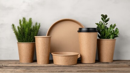 Fototapeta premium A collection of eco-friendly, brown paper containers and green plants arranged on a wooden surface, emphasizing sustainability and natural aesthetics.