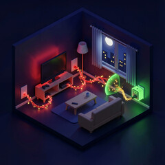 Smart plug technology preventing energy waste in a living room at night. 3D isometric view of phantom power consumption versus efficient smart home management