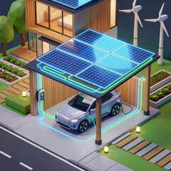 Sustainable house with solar panel carport and electric vehicle charging station. Modern eco-friendly home featuring wind turbines and renewable energy systems