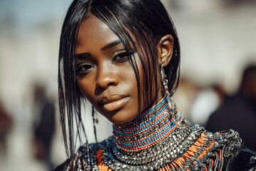 Woman with elaborate jewelry and detailed outfit stands outdoors during a sunny day