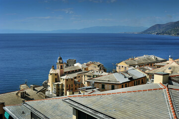 rooftops, and silhouettes of historic buildings of Camogli and Mediterranean seascape Italy, Liguria