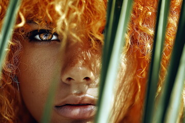 Close up of a person with bright orange hair partially hidden by green leaves during daytime outdoors