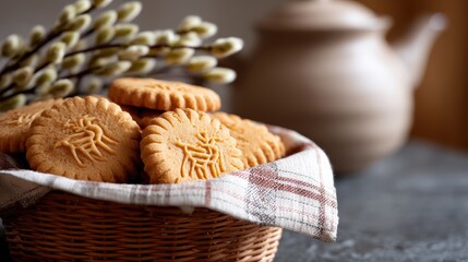 food photography, a well-lit scene displays a basket of english pax cakes on a checkered cloth-covered stone countertop, with a teapot and pussy willow branches in the background the biscuits are in