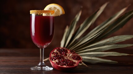 cocktail photography, a vibrant pomegranate and citrus mocktail in elegant glassware, garnished with gold sugar and lemon twist focus stacking technique ensures sharp details high-contrast lighting