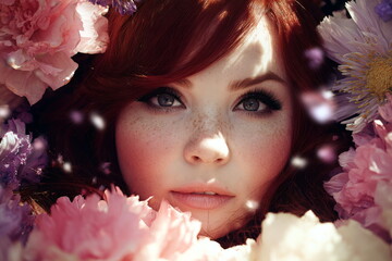 Young woman among flowers with red hair and freckles looking straight ahead in a bright setting during the day