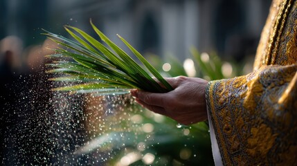 religious rituals, a priest in ornate golden robes sprinkles holy water over a congregation holding green palm fronds outside a grand cathedral, captured in a dramatic, glossy magazine shot