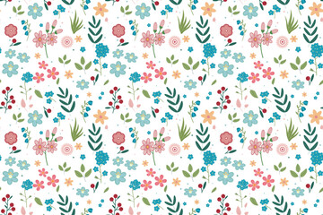 Seamless floral pattern featuring blooming multicolored flowers and delicate leaves Isolated background. Ideal for fabric design, wrapping paper, wallpapers, and spring-themed projects.