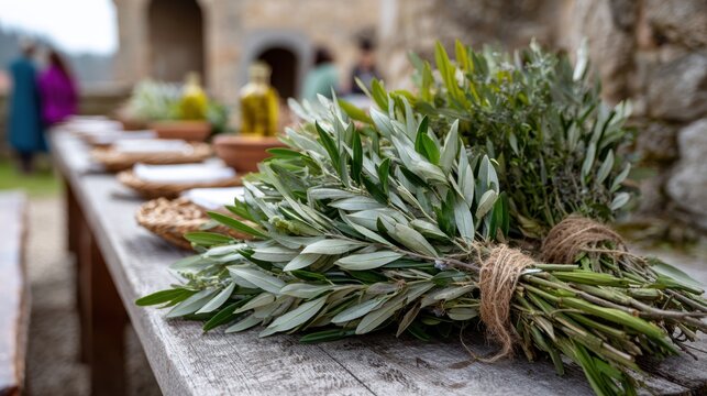 tuscan olive branch gathering, a rustic-chic palm sunday gathering in tuscany with participants holding olive branches tied with ribbons the outdoor setting features a long wooden table set for a