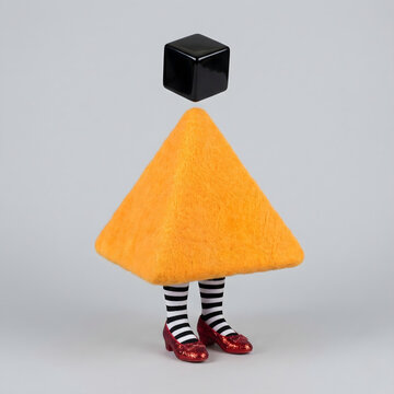 Whimsical Fuzzy Orange Tetrahedron Character Wearing Ruby Slippers