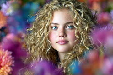 Young girl with curly hair poses among colorful flowers in a garden setting during daytime