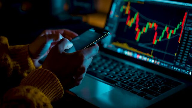 Hands Holding Smartphone Viewing Rising Cryptocurrency Trading Chart on Laptop Screen in Dim Blue Lit Room Night Trading Scene