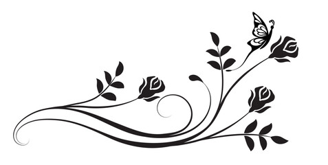Floral ornament with roses flowers and butterfly. Text divider. Graceful decorative element for decor and text greeting or invitation card design.