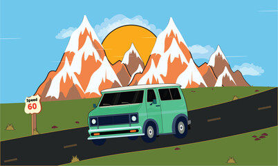 Van car on a road in a mountainous landscape sunset view