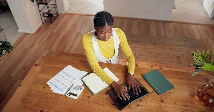 Above, finance and black woman with laptop in home for budget planning, taxes review and insurance. Typing, computer and person with documents for financial report, online banking and savings account