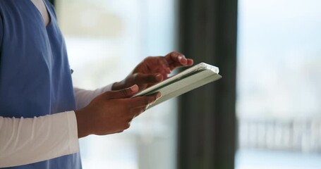 Person, hands and nurse with tablet for online checklist, medical analysis or digital report. Hospital, healthcare worker or caregiver scroll with technology for research or telehealth in clinic - Powered by Adobe